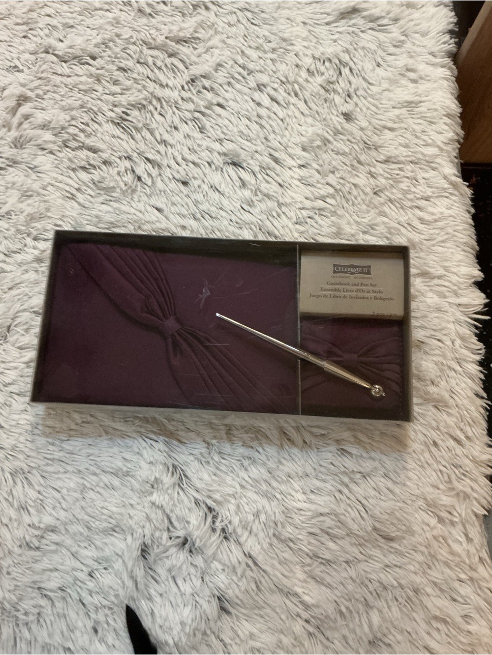 Celebrate It Plum Satin Wedding Guest Book & Pen Set Elegant Reception Decor - Picture 3 of 12